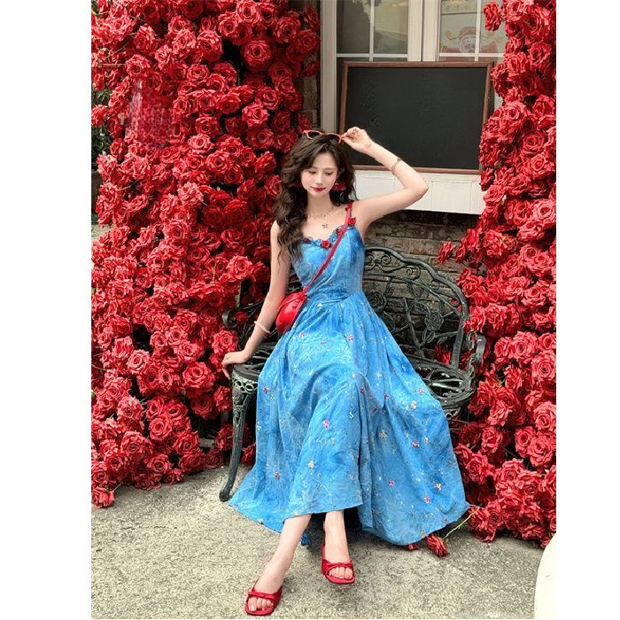 Dopamine Blue Suspender Dress for Women 2025 Summer New Seaside Vacation Unique Beautiful Floral Long Skirt