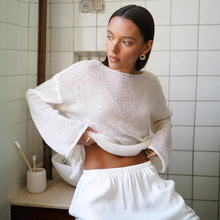 跨境镂空针织衫欧美2026春秋新款女透视薄款喇叭袖针织T恤防晒衫