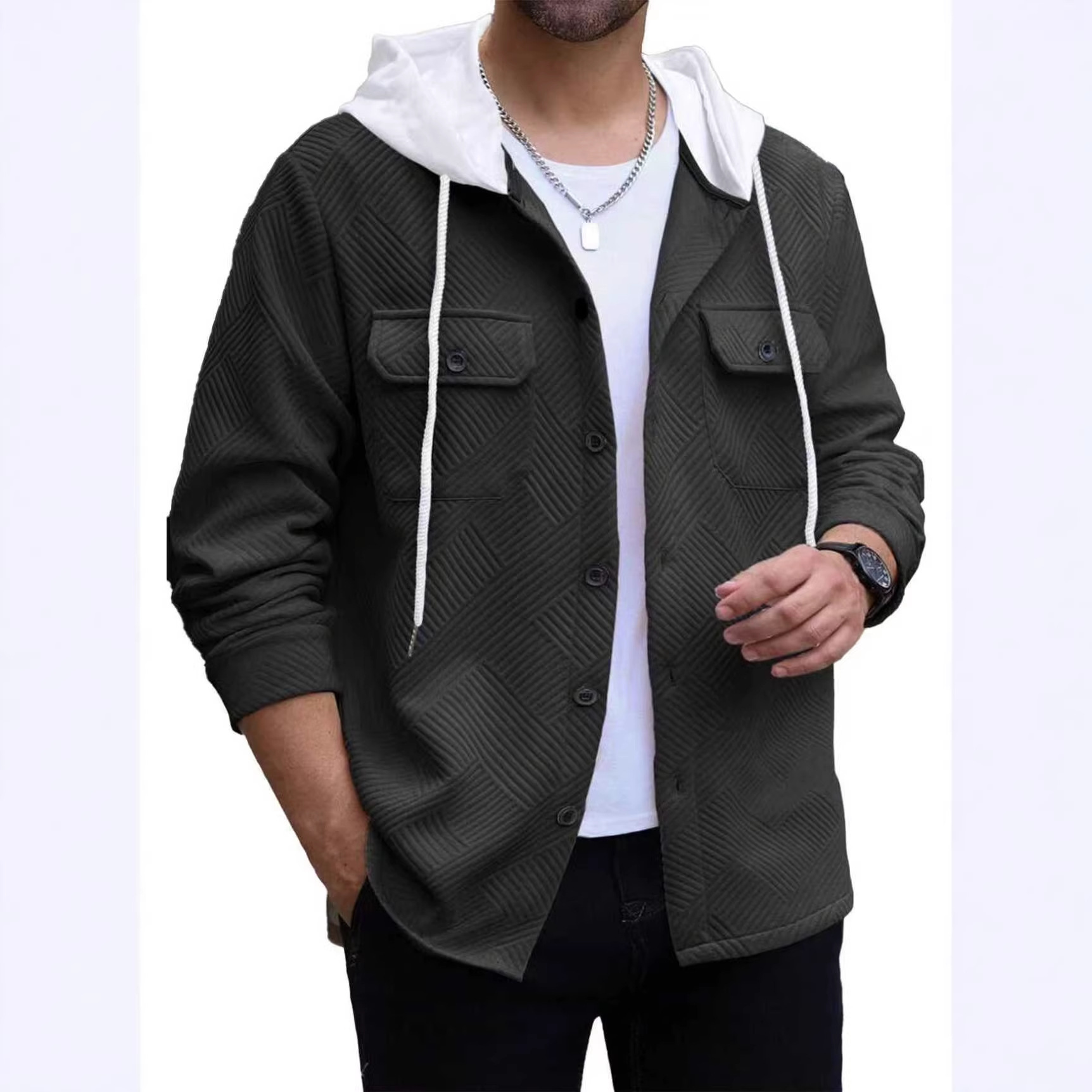 Europa y los Estados Unidos Amazon otoño y invierno comercio exterior hombre ocio deportivo con capuzas de color color con botones Jacquard chaqueta de bolsillo