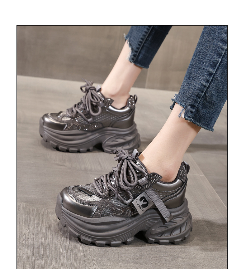 Giày sneaker nữ đế dày tăng chiều cao đính đá pha lê phong cách thể thao — màu đen chi tiết 12