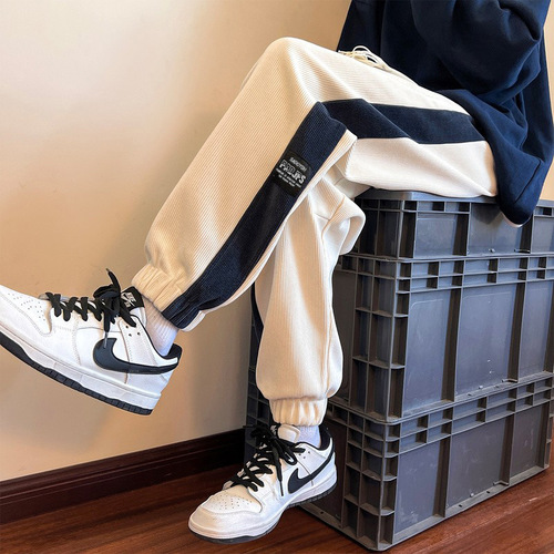Men's winter velvet pants, teenagers autumn and winter casual pants, winter foot-tied sports pants, corduroy men's pants