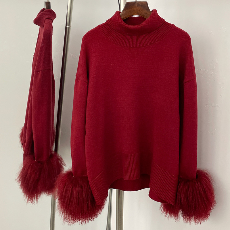 25 Popular Autumn and Winter Loose High-Neck Pullover Knitwear with Real Wool Cuffs, Women's Yarn-Dyed High-Neck Sweater