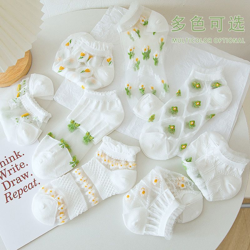 Women's Summer New Ultra-Thin Lace Ice Silk Socks Cute Japanese-Style Boat Socks Korean Version Glass Silk Women's Short Socks