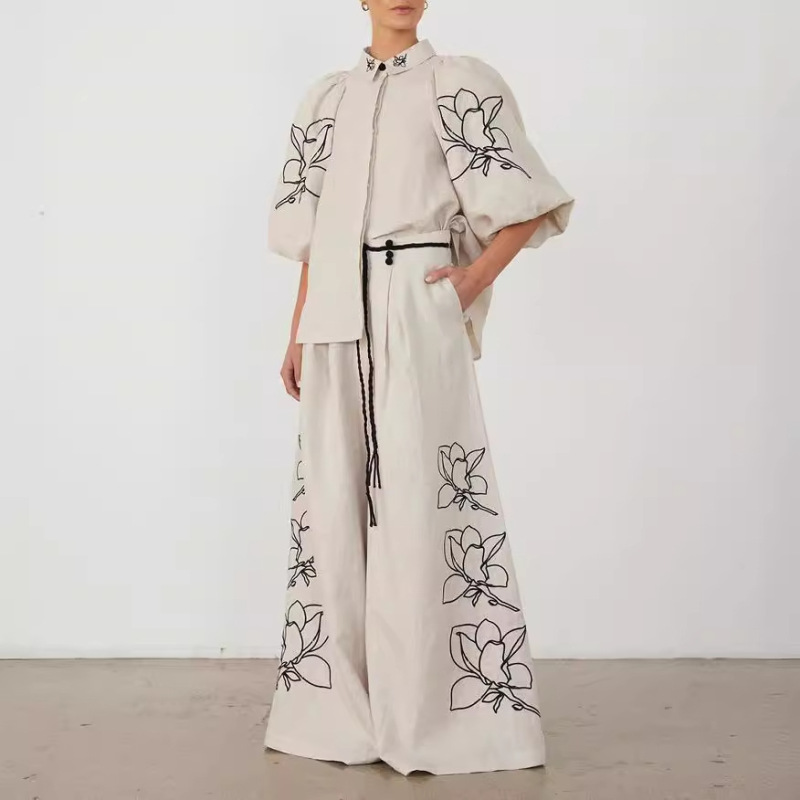 Cross-border independent station high-end fashion comfortable cotton and linen embroidery wide leg pants suit European and American women's foreign trade wholesale Cross-border independent station high-end fashion comfortable cotton and linen embroidery wide leg pants suit European and American women's foreign trade wholesale
