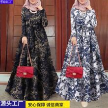 2025跨境外贸新品大码女装棉麻连衣裙长裙复古印套头长袍连衣裙