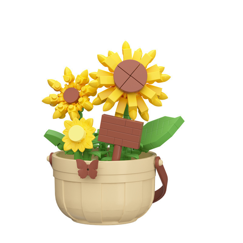 Compatible con bloques de flores eternas flores en maceta canasta DIY adornos hechos a mano girasol con flores de sol juguetes de puzzle para niños