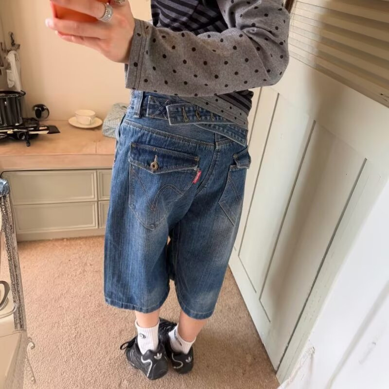 American Retro Bamboo Pattern Washed Denim Cropped Pants for Women, New Summer Design, Loose Fit, Slimming Wide-Leg Pants