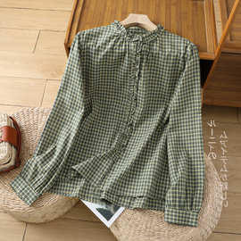 日系绿色格子衬衫女秋季2024新款百搭休闲木耳边棉衬衣