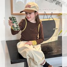 中大儿童秋装休闲字母修身打底衫女童韩版拼色假两件T恤宝宝上衣