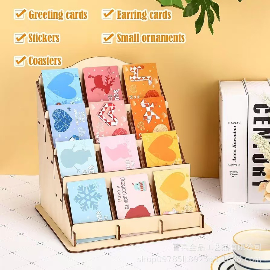 Soporte de exhibición de etiqueta de estante de 12 rejillas de madera transfronteriza Soporte de exhibición de tarjeta de felicitación de tarjeta de 4 capas Soporte de exhibición de mostrador minorista