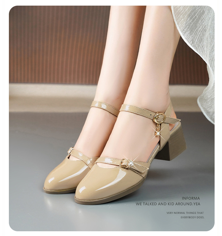 Sandal bít mũi nữ gót thô đi làm đế mềm da thật — Màu đen chi tiết 10