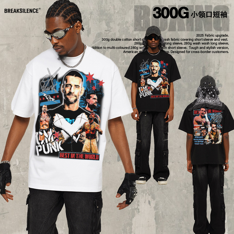 2025 Cross-border Boxing CM Punk300 g Heavy Short-sleeved T-shirt Men's and Women's Cotton Small neckline Crewneck Top Trendy