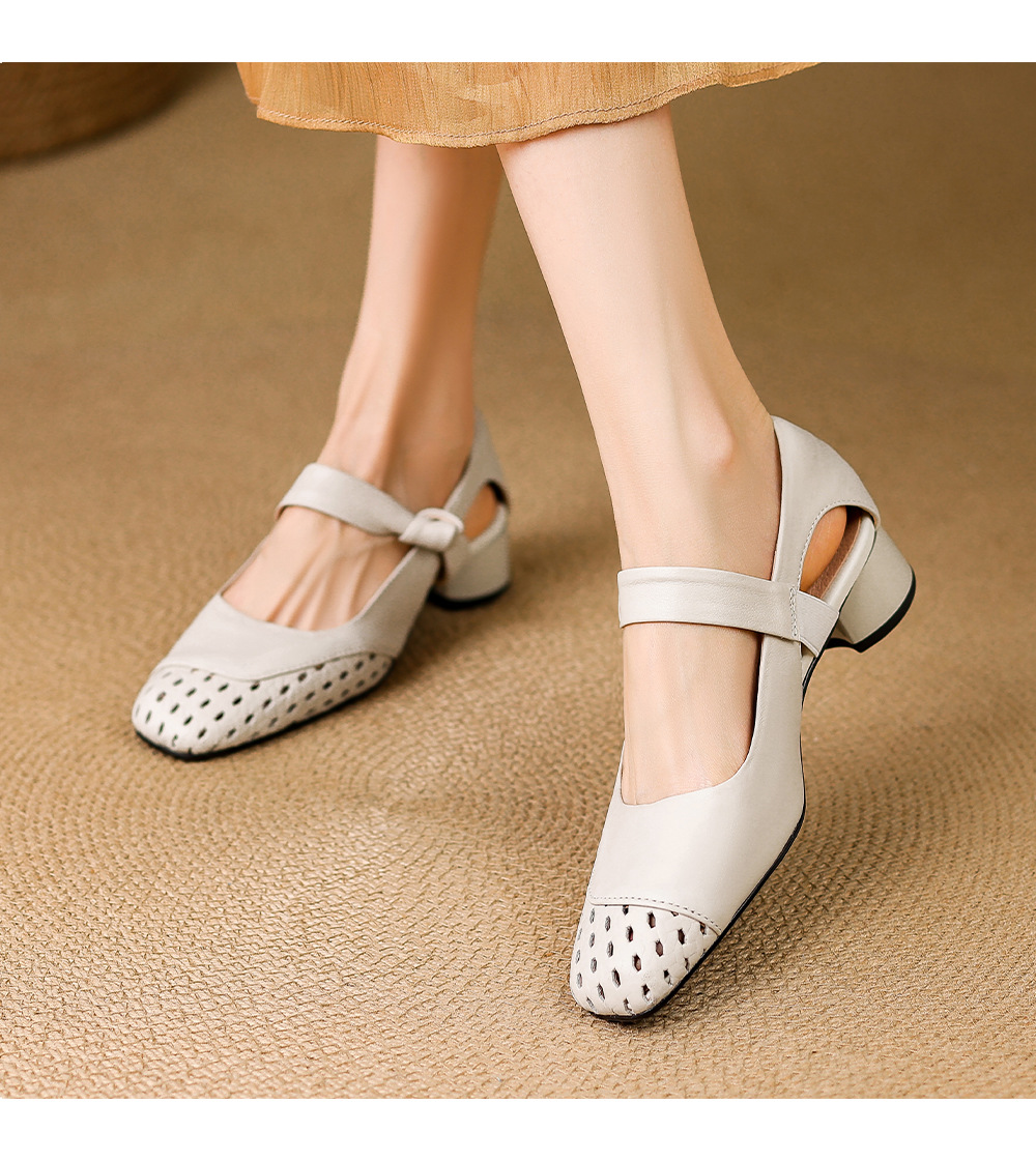 Sandal nữ gót vuông 3,5 cm mũi kín hở cạnh kiểu mới — màu trắng ngà chi tiết 5