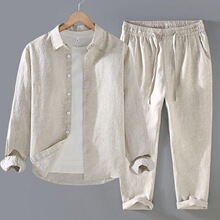亚麻套装男春秋夏季长袖衬衫男士休闲裤时尚宽松棉麻男装衣服男款