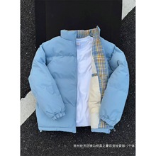 蓝色格子拼男冬季浙江嘉兴平湖立领美式情侣面包服米色