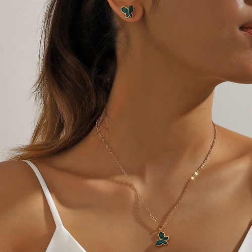 Cross-border green striped butterfly niche personality temperament light luxury high-end sense Instagram three-piece set women's jewelry set