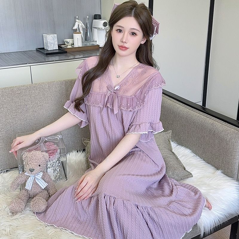 플러스 사이즈 잠옷 여성 여름 6535 면 레이스 반팔 잠옷 공주 스타일 지방 110.00kg 집 옷