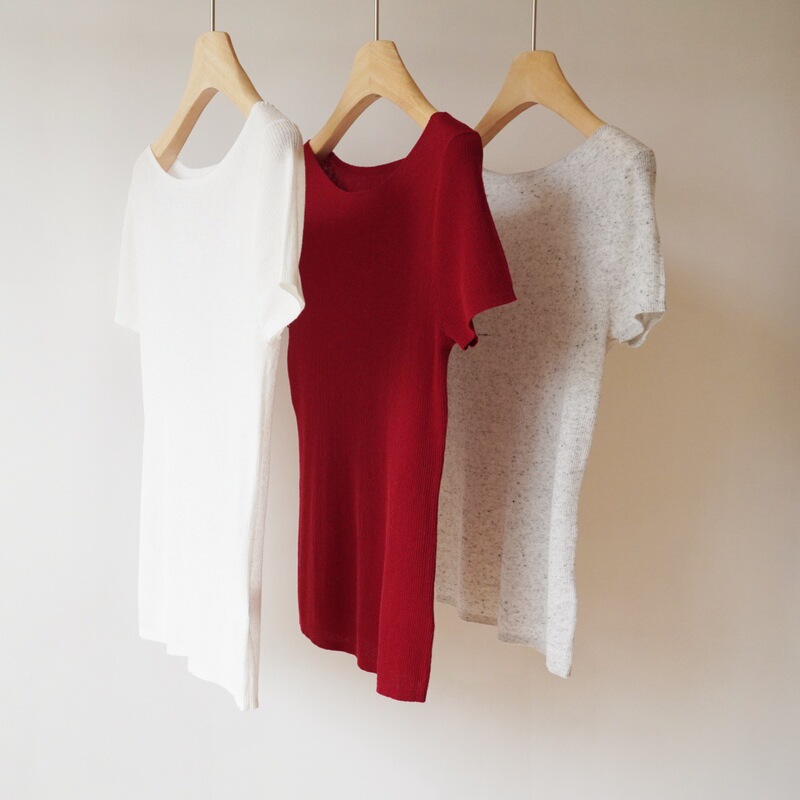 Linen blend! Purely alluring off-the-shoulder short knit top, summer slim-fit, flattering and stylish boat-neck T-shirt Linen blend! Purely alluring off-the-shoulder short knit top, summer slim-fit, flattering and stylish boat-neck T-shirt