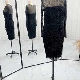 黑色长袖高级性感褶皱包臀修身网纱晚礼服M1552