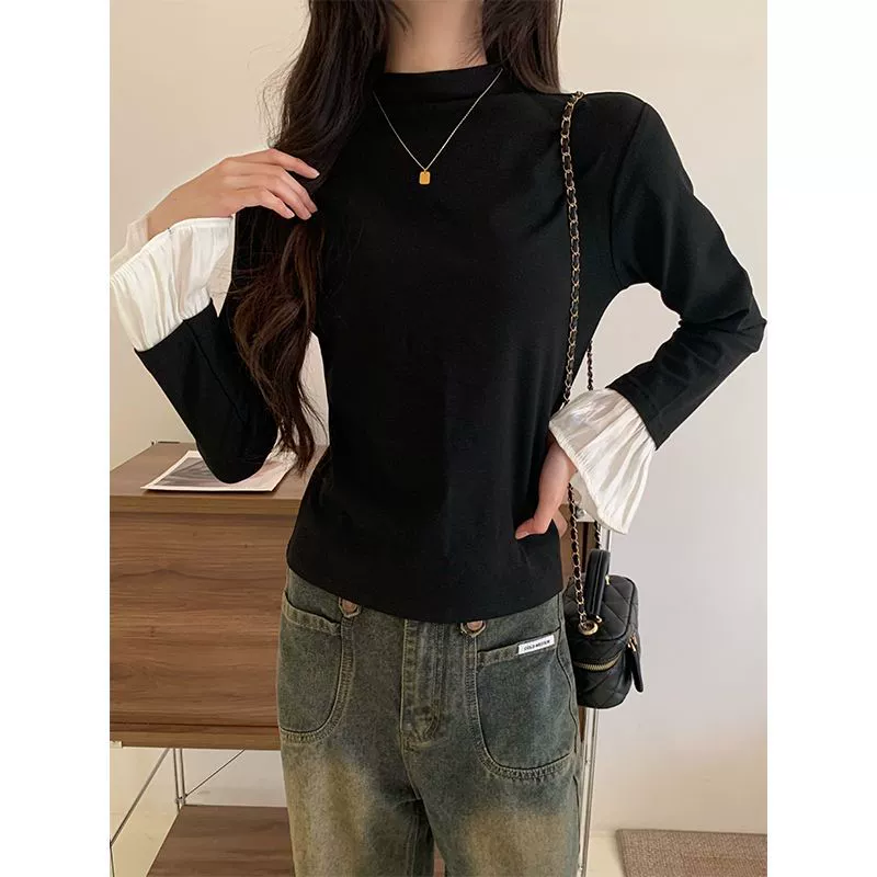 Черный внутренний топ женский 2024 осенний новый полувысокий воротник нижняя рубашка шикарный расклешенный рукав футболка с длинными рукавами
