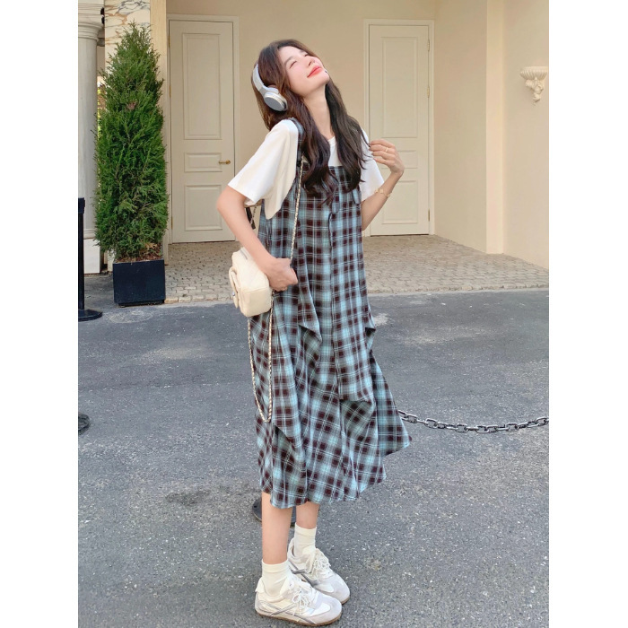 韩系学院休闲风格纹拼接假两件连衣裙女夏季新款宽松减龄显瘦长裙|undefined