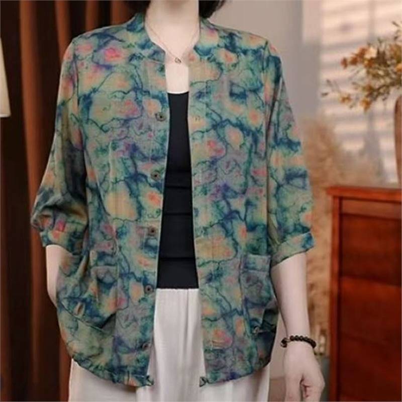 Dropshipping Live-Stream Popular Item: Mom-Style Printed Three-Quarter Sleeve Cardigan Shirt for Women, 2026 Spring/Summer Sun Protection Top