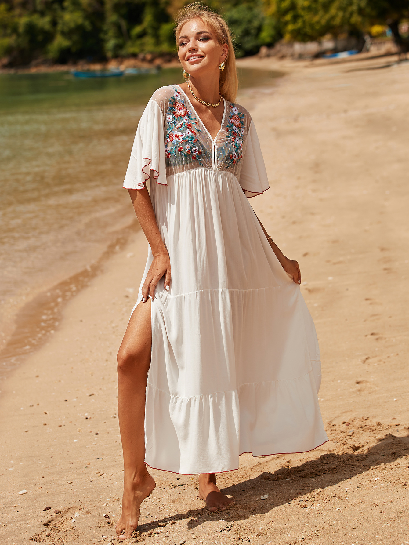 One Size Size New Style White Rayon Embroidered Beach  Loose Vacation Long Dress