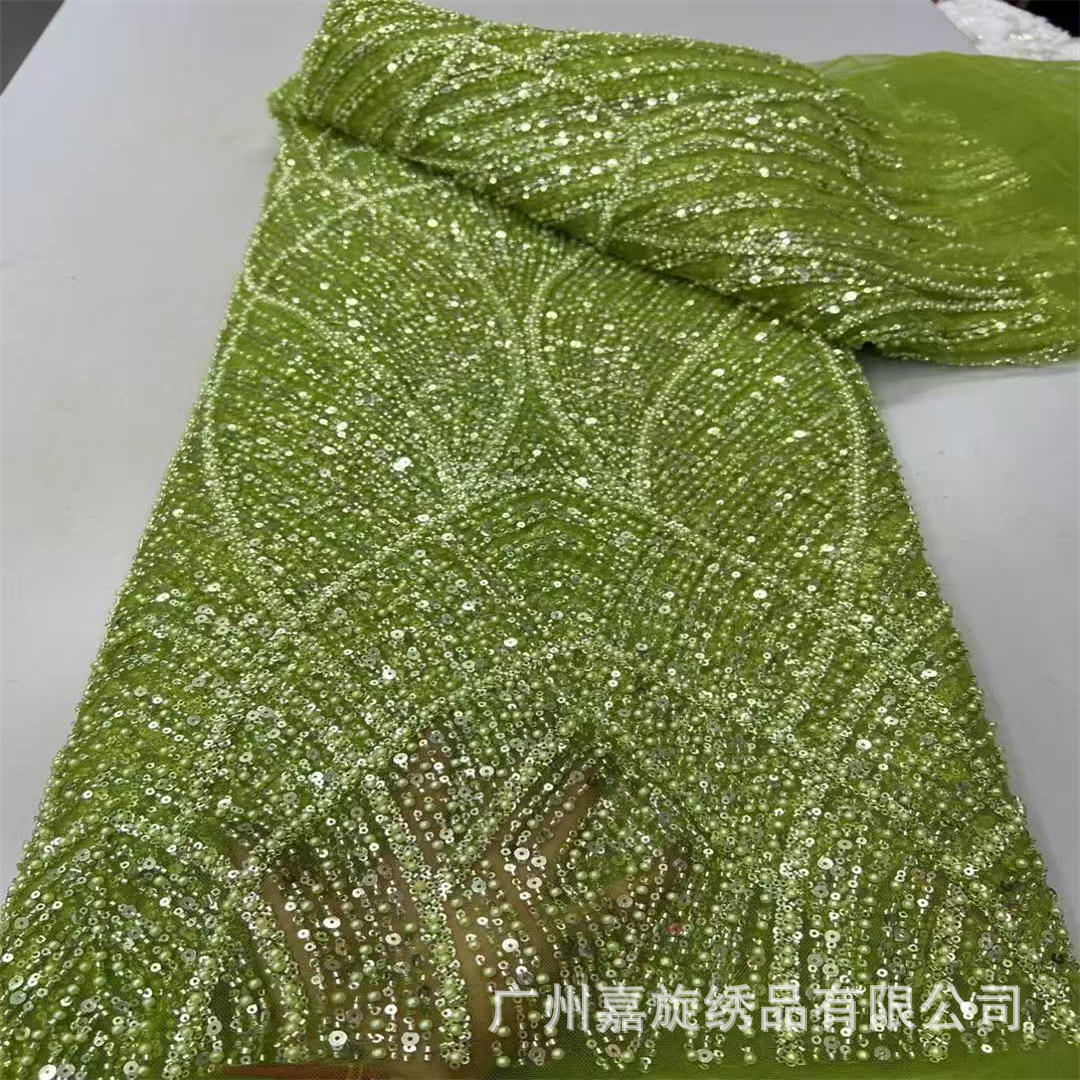 Nuevo estilo de tela de encaje con bordado floral grande de red cruzada y cuentas, para vestido de noche, cheongsam, vestido de fiesta y vestido de tostada, con bordado de tubo de cuentas y lentejuelas