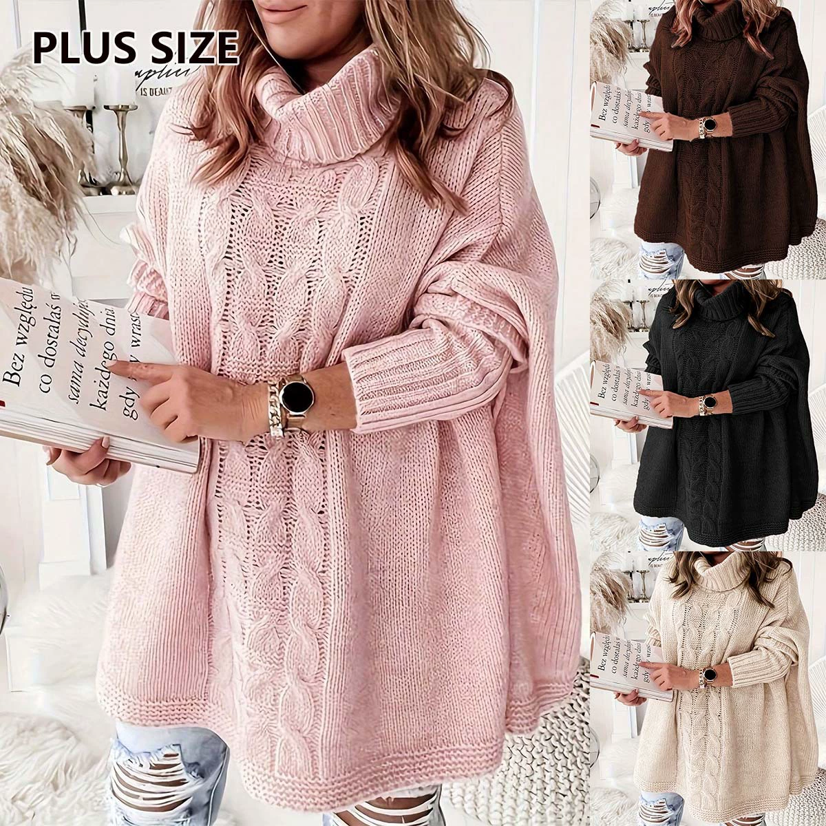 Трансграничная осень и зима сплошной цвет лацкана летучей мыши рукава свободный повседневный большой размер женский трикотажный топ