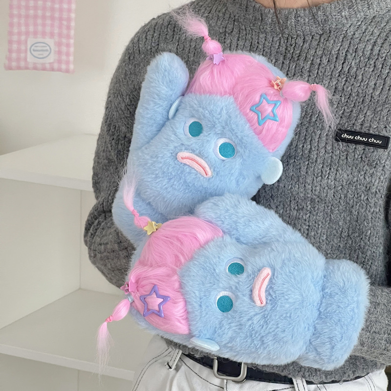 跨境棉花娃娃diy 毛绒全包手套冬季可爱学生便携搞怪加厚挂脖手套|undefined