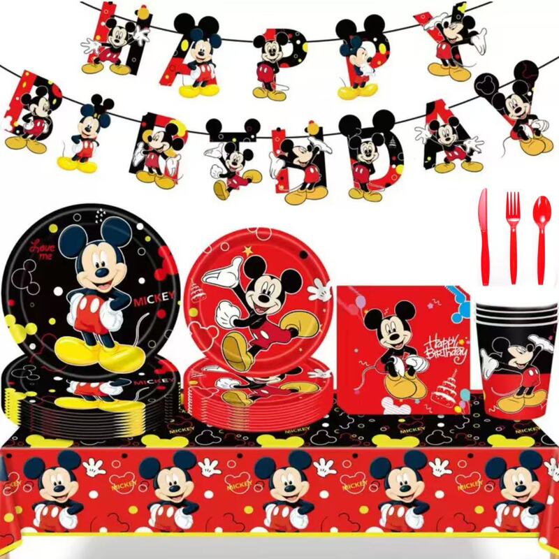Cartoon Mickey Birthday Party Halloween Supplies Decorative Tableware Paper Plate Paper Towel Tablecloth La Flag Balloon suit