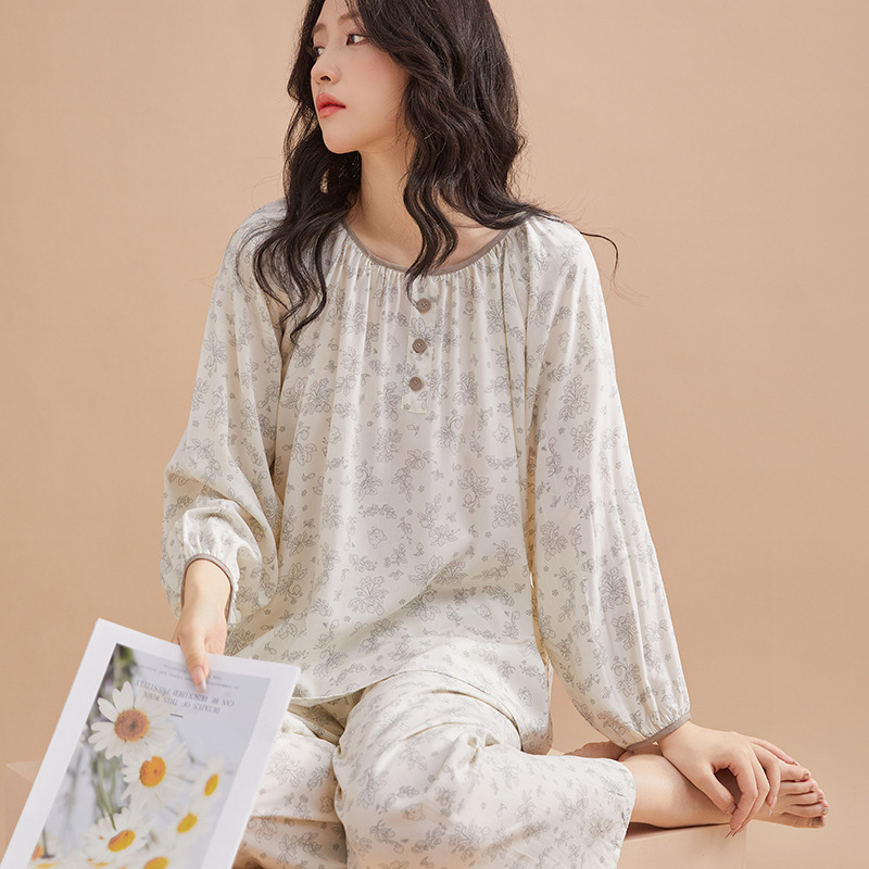 Spring New Home Clothes Women's Printed Loose Round Neck Long Sleeve Floral Top Casual Trousers Outer Pajamas suit
