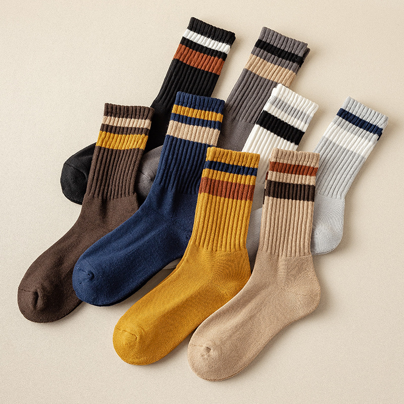 Men's Socks for Autumn and Winter, Japanese and Korean Style, Double Stripe, Semi-Cushioned, Warm, Sweat-Absorbent, Retro Mid-Tube Cotton Socks Wholesale