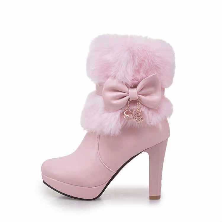 20 autumn and winter artificial PU Martin boots mid-barrel rabbit fur bow waterproof platform thick heel high heel White pink snow boots