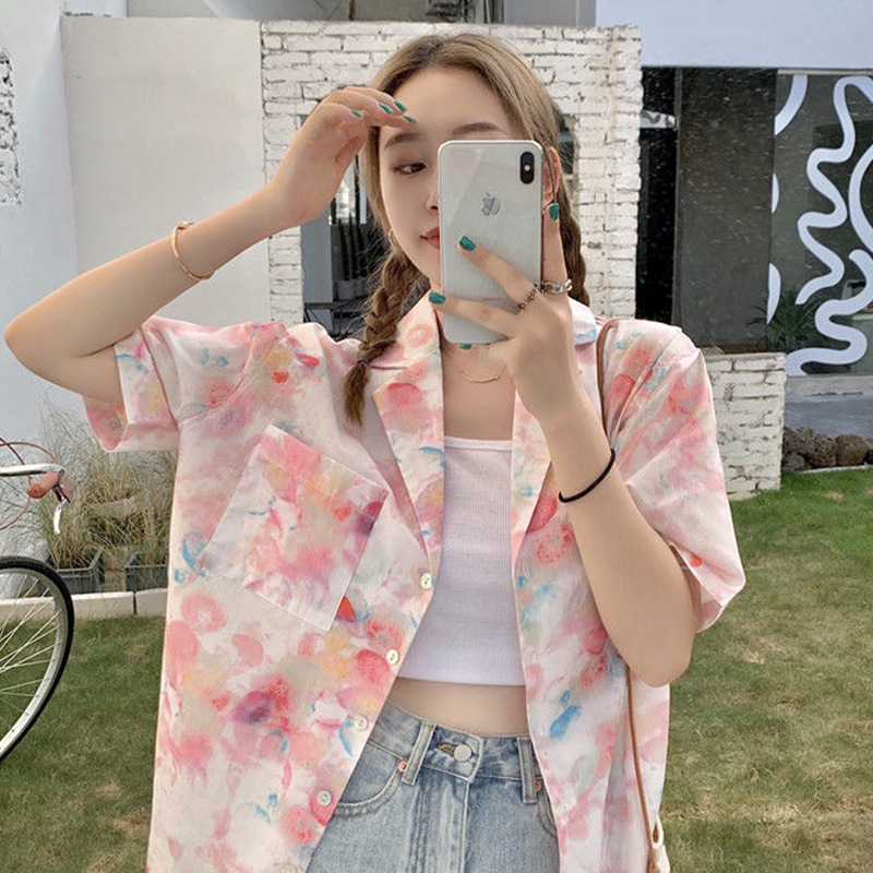 Tie-dyed shirt women's summer thin loose retro Hong Kong style chic short-sleeved shirt women's design sense niche chic top