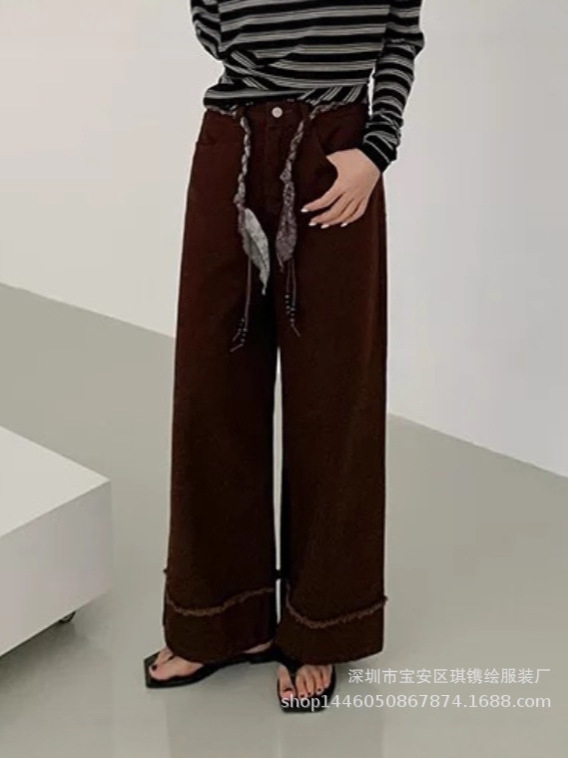 琪镌绘制秋季新款简约直筒显瘦高腰拼接毛边宽松休闲长裤女9986|undefined
