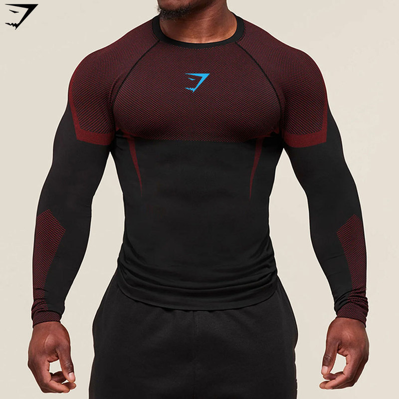 Fitness Tops Men's Cross-Border Popular Gymshark Bodysuit Men's Running Training Long-Sleeved T-Shirt Muscle Shark