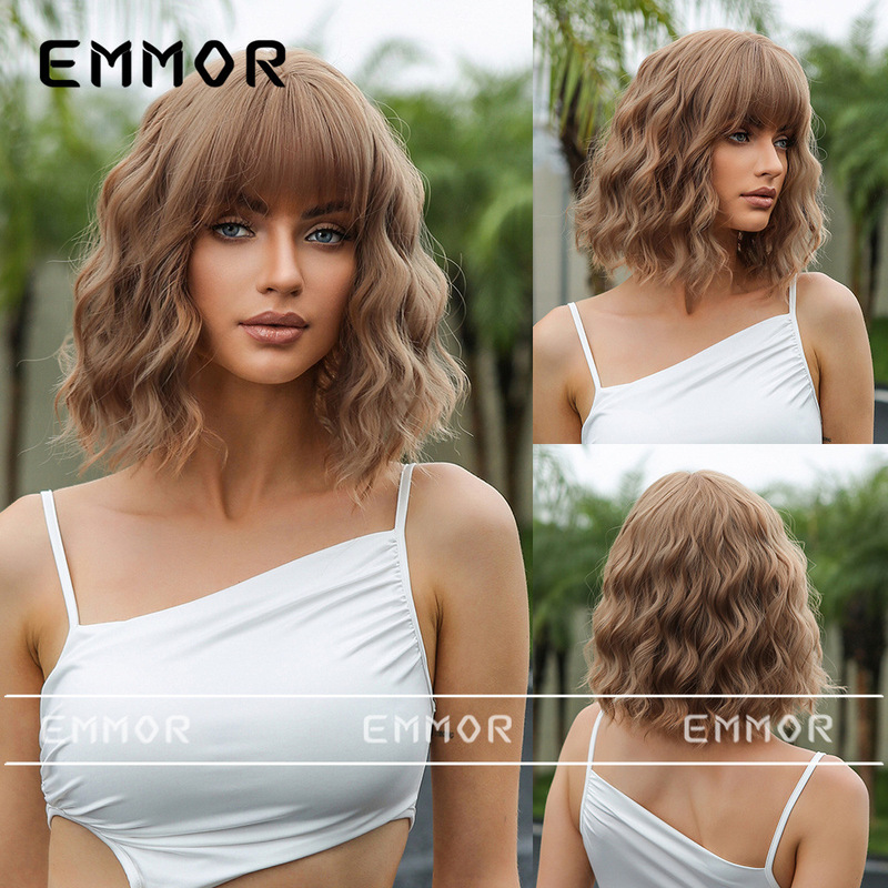 European and American Qi Bangs Short Curly Hair Bobo Summer Lightweight Breathable Light Brown Natural Chemical Fiber Wig Headgear hair