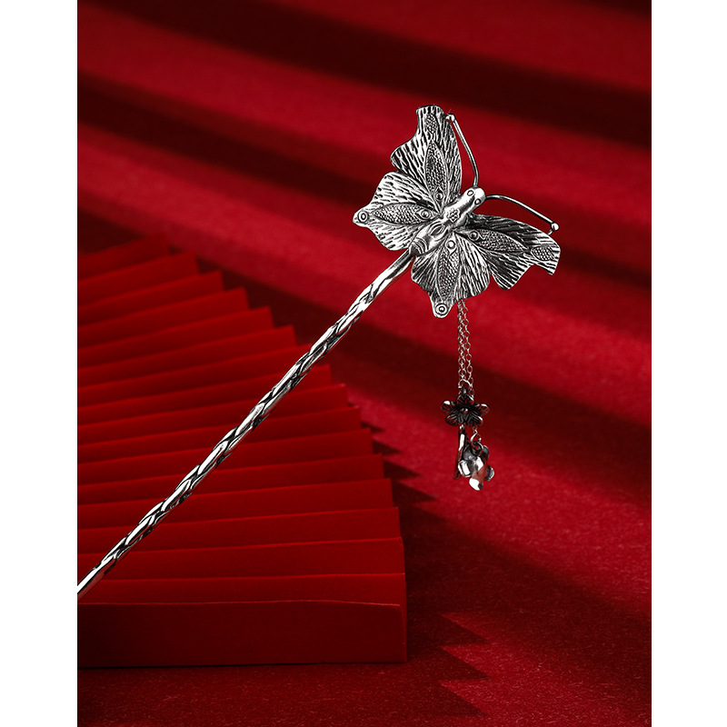 Horquilla de plata 999 plata esterlina estilo étnico vintage mariposa borla updo pelo headwear accesorios para el cabello de plata pura updo horquilla del pelo