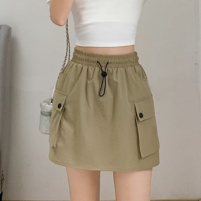 ヨーロッパとアメリカのストリートホットガール巾着弾性ウエスト作業服スカートレトロ夏痩身カレッジスタイルヒップカバーミディスカート|undefined