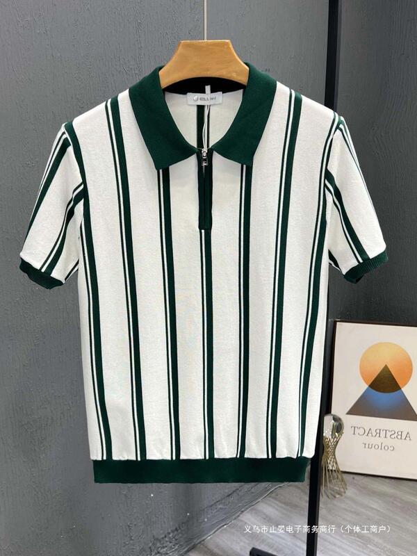 ヨーロッパの高級半袖ストライプコントラストカラーTシャツメンズ夏のファッションスリムニットセーターラペルハンサムトップ1/2枚|undefined