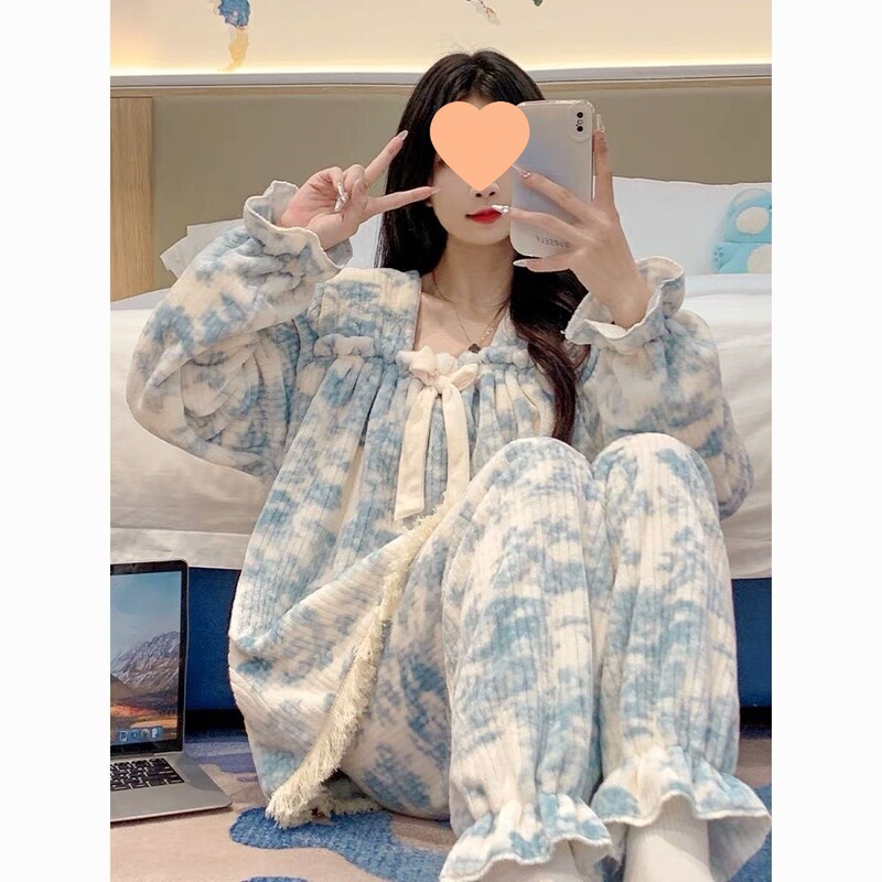 Coral Fleece Pajamas Women's Winter Thickened Sweet and Cute Princess Flannel Trousers Casual Ladies Homewear Set