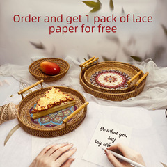 藤編筐收納筐創意印花圓形鏤空水果盤桌面零食雜物收納筐酒店家用