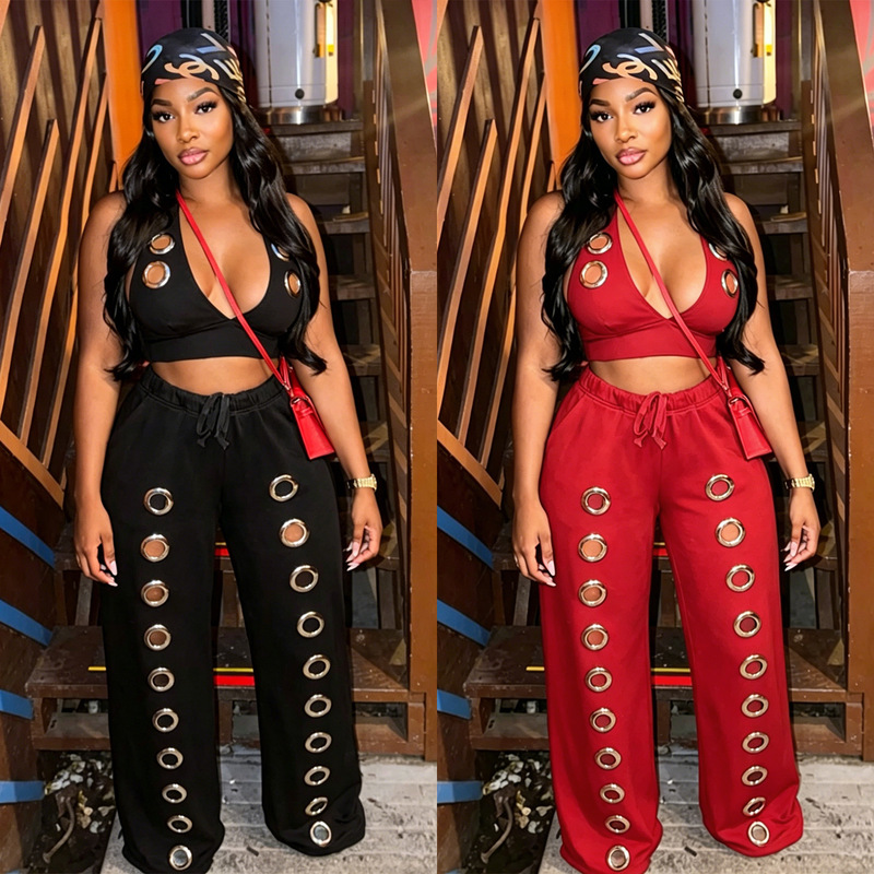 2026 Hot Girl Two-Piece Set Women's Fashion Metal Ring Wide-Leg Pants Set Casual Slimming Trendy Design Summer Outfit