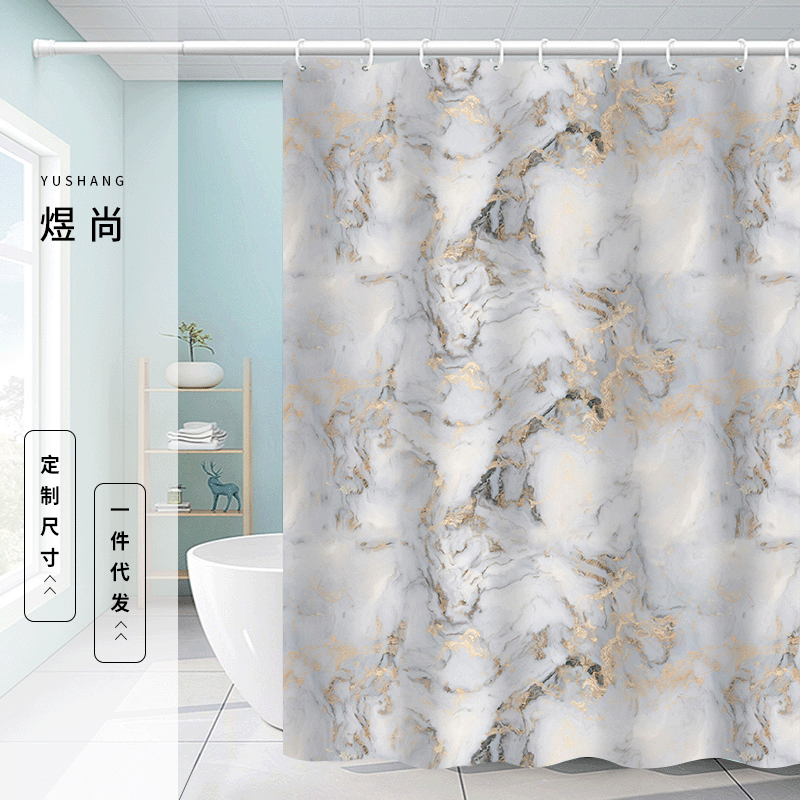 Cross-border Waterproof Shower Curtain Punch-free HD 3D Printed Marble Pattern Bathroom Partition Curtain Polyester Hanging Curtain