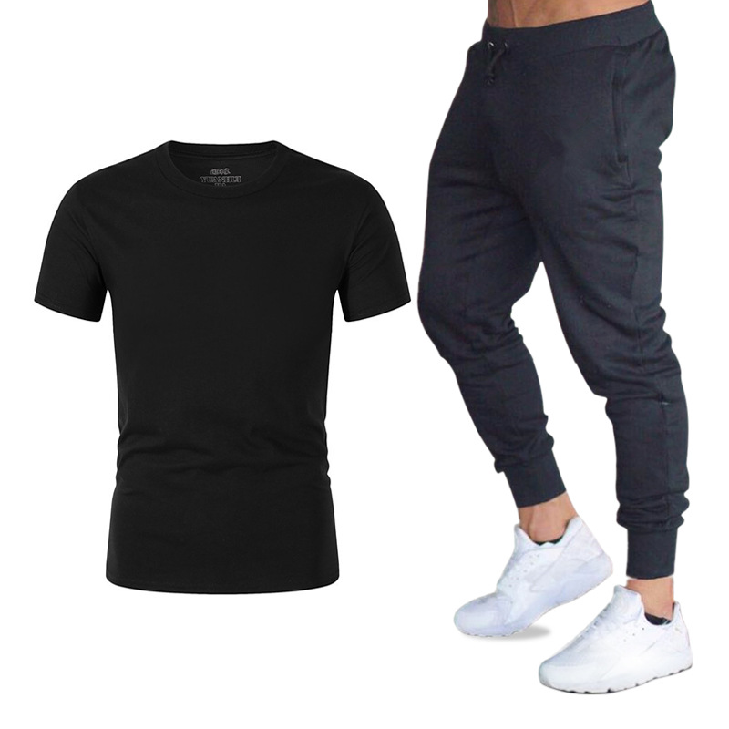 Traje de verano, ropa deportiva, conjunto de dos piezas de camiseta holgada de manga corta y pantalones largos para hombre, camiseta Gildan deportiva de moda