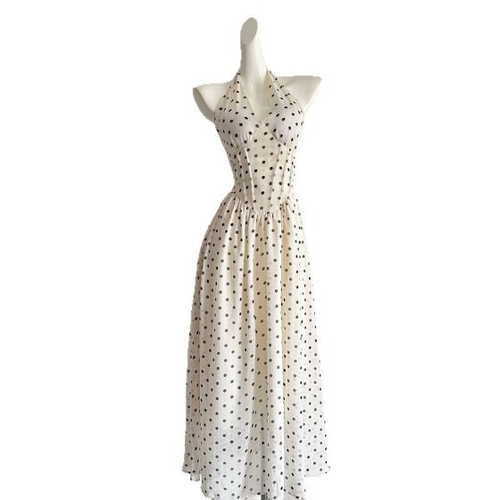 Wave Point Neck dress Women's 2025 Spring New Fishbone V-Neck Long Dress Elegant Waist Skirt