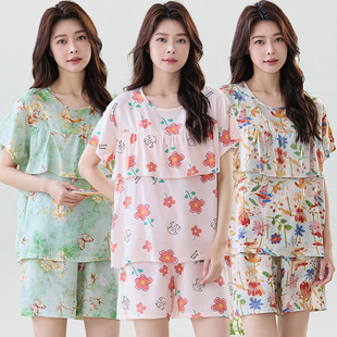 Anti-Bump Cotton Silk Pajamas Women's Summer Short-Sleeved Shorts Cotton Silk Mother's Home Clothes Artificial Cotton Middle-Aged and Elderly Two-Piece Suit