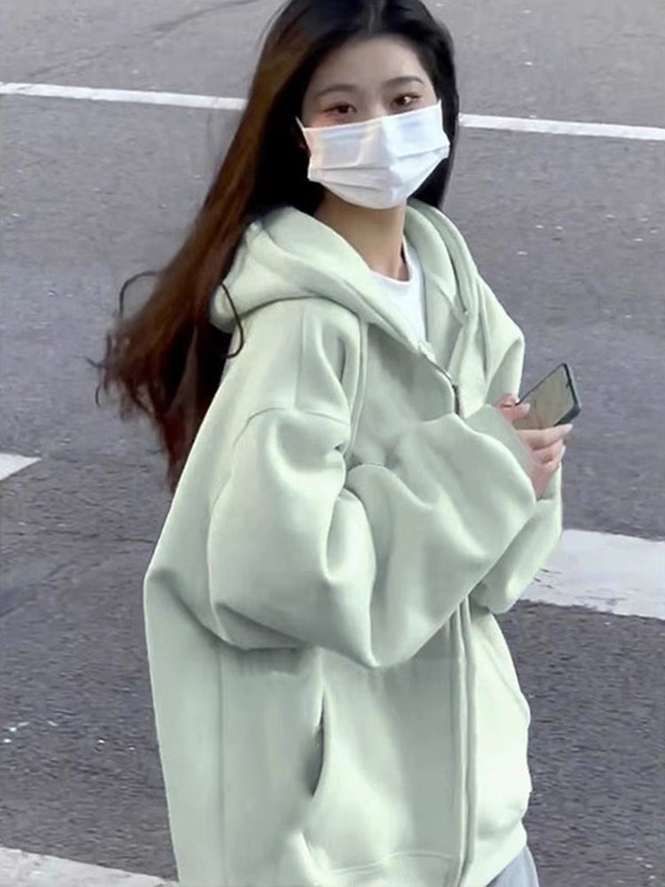 绿色卫衣外套女春秋款小个子2025早秋新款上衣连帽慵懒风开秋开衫|undefined