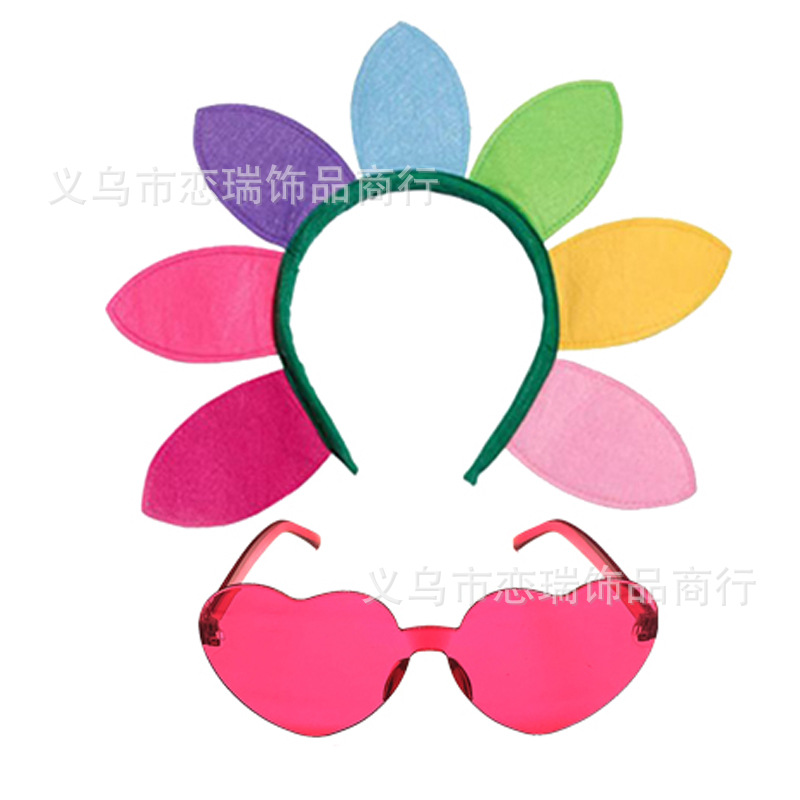 Fiesta de baile Diadema de girasol Color del arco iris Gafas de amor Malla Imagen Falda Pantimedias Combinación Set Spot